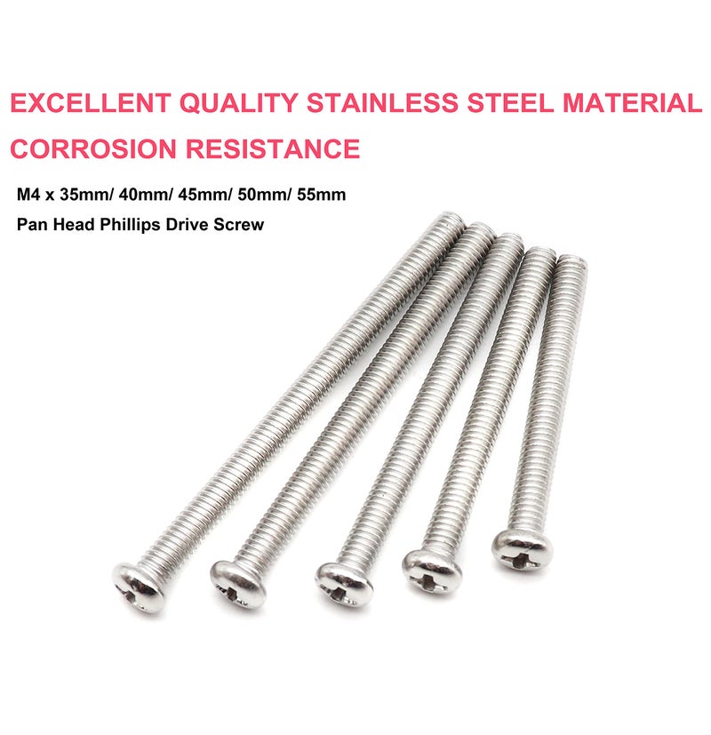 cSeao 100pcs Pan Phillips Head M4 Machine Screws 304 Stainless Steel Assortment Kit  M4x35mm/ 40mm/ 45mm/ 50mm/ 55mm - Image 2
